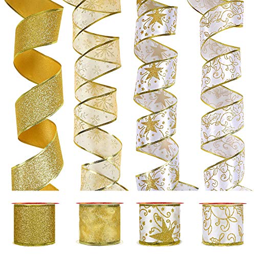 LIHAO 4 Rolle Band für Weihnachtsbaum Deko Weihnachtsbänder Weihnachten Christbaumschmuck Schleifenband Golden Dekoband weihnachtsbaumschmuck für Hochzeit Party Weihnachten (6,3 cm x 6m) von LIHAO