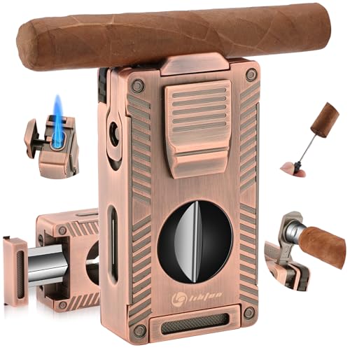 LIHTUN Zigarren-Feuerzeug, All-in-1 Zigarrenanzünder Eingebauter Zigarrenhalter Zigarrenstanzer Zigarrenschloss Enhancer Zigarrenschneider V Cut, Double Jet Flame Nachfüllbare (Bronze) von LIHTUN