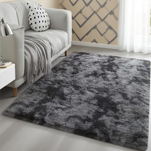 LIHUANE Hochflor Flauschig Teppich 50 x 140 cm Maschinenwaschbar Flauschiger Hochflor Teppich Pflegeleicht Und Robust für Schlafzimmer Kinderzimmer, Dunkelgrau von LIHUANE