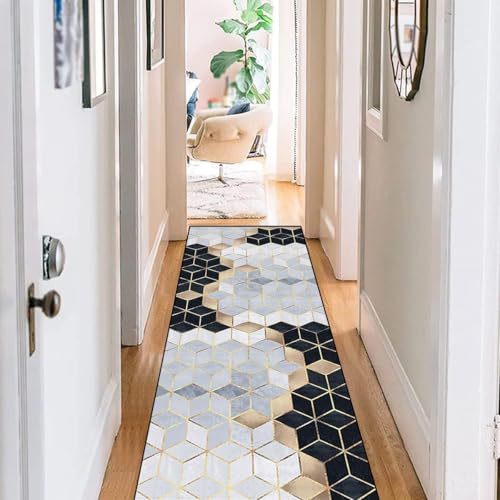 Läufer Teppich Geometrische Flur rutschfeste 80×300CM, Küchenläufer Flurläufer Lang Polyester Teppichläufer, Länge Anpassbare, Black Weiß von LIHY