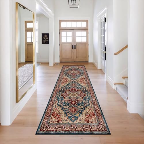 Teppich Läufer Flur 110×450cm, Modern Klassisch Rot Braun Moderner Innendekor Teppich, Rutschfester Pflegeleicht, für Flure Küche Wohnzimmer von LIHY