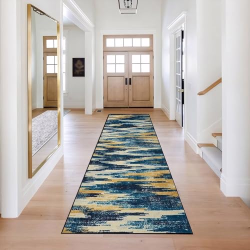 Teppich Läufer Flur 80×250cm, Blau Braunes Streifenmuster Moderner Innendekor Teppich, Rutschfester Pflegeleicht, für Flure Küche Wohnzimmer von LIHY