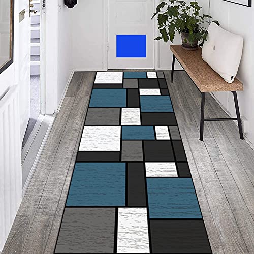Teppich Läufer Flur Küche rutschfest 80×150cm Geometrisches Blau Lang Modern Waschbar Vintage Polyester Meterware Anpassbar Fur Schlafzimmer Wohnzimmer Fußmatten, Länge Anpassbare von LIHY