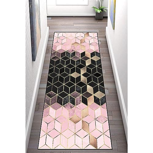 Teppich Läufer Flur rutschfest 100×150cm, Geometrisch Rosa Schwarz Gold Diamantgitter Küchenläufer Flurläufer Lang Polyester Teppichläufer, für Korridor Schlafzimmer Innen Wohnzimmer von LIHY