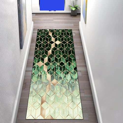 Teppich Läufer Flur rutschfest 100×200cm, Geometrisch Grün Blätter Gold Diamantgitter Küchenläufer Flurläufer Lang Polyester Teppichläufer, für Korridor Schlafzimmer Innen Wohnzimmer von LIHY