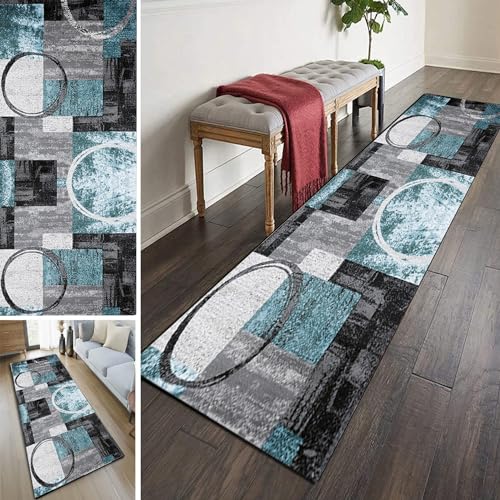 Teppich Läufer Flur rutschfest 100×200cm, Geometrische Abstraktion Blau Weiß Küchenläufer Flurläufer Lang Polyester Teppichläufer, für Korridor Schlafzimmer Innen Wohnzimmer von LIHY