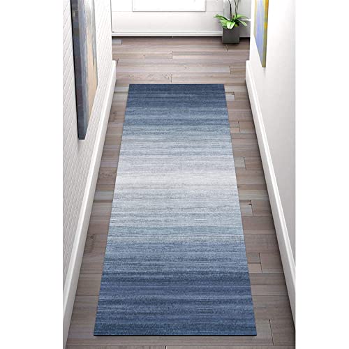 Teppich Läufer Flur rutschfest 80×250cm, Waschbar Blaue Streifen im Minimalistischen Stil Polyester Korridor TeppichLäufer KücheLäufer für Schlafzimmer Wohnzimmer Fußmatten von LIHY