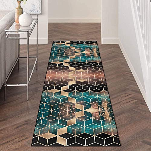 Teppich Läufer Flur rutschfest Meterware 100×100cm, Geometrisch Schwarz Gold Grün Diamantgitter Küchenläufer Flurläufer Lang Polyester Teppichläufer, für Korridor Schlafzimmer Wohnzimmer von LIHY