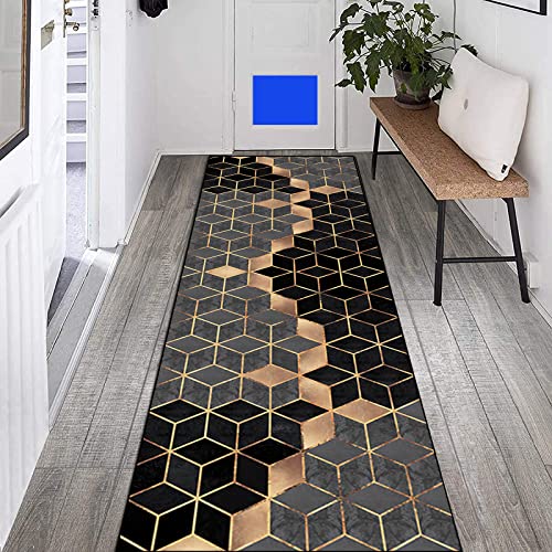 Teppich Läufer Flur rutschfest Meterware 100×160cm Geometrisch Schwarz Grau Golden Diamantgitter Küchenläufer Flurläufer Lang Polyester Teppichläufer, für Korridor Schlafzimmer Innen Wohnzimmer von LIHY