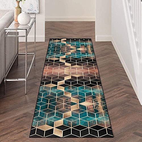 Teppich Läufer Flur rutschfest Meterware 60×100cm, Geometrisch Schwarz Gold Grün Diamantgitter Küchenläufer Flurläufer Lang Polyester Teppichläufer, für Korridor Schlafzimmer Wohnzimmer von LIHY