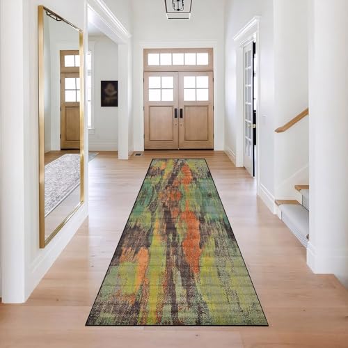 Teppichläufer Flur 90×500cm, rutschfest Waschbar Korridor Teppich, Vintage Küchenteppich, Orange Grüner Verlauf Läufer für Indoor von LIHY