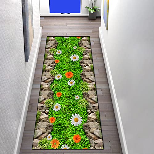 Teppichläufer Läufer für Küche rutschfest 100×400cm 3D Blumen und Grünflächenmuster Korridor Küchenläufer Teppichläufer Polyester Waschbar für Schlafzimmer Innen Wohnzimmer, Teppich meterware Meter von LIHY