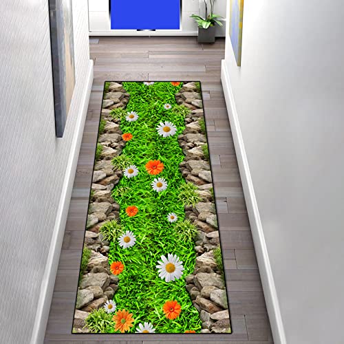 Teppichläufer Läufer für Küche rutschfest 80×300cm 3D Blumen und Grünflächenmuster Korridor Küchenläufer Teppichläufer Polyester Waschbar für Schlafzimmer Innen Wohnzimmer, Teppich meterware Meter von LIHY