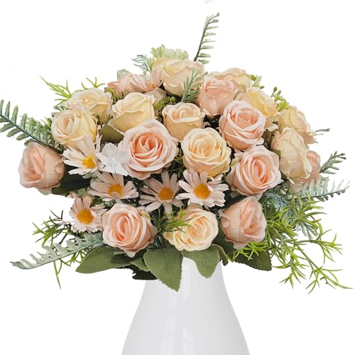 LIIGOU 4PCS Klein Rosen Künstliche Blumen wie Echt Kunstblumen Rose Blumenstrauß Fake Pflanzen Deko Gänseblümchen Dekoblumen für Hochzeit Draußen Balkon Partei Tischaufsätze Blumenarrangement von LIIGOU