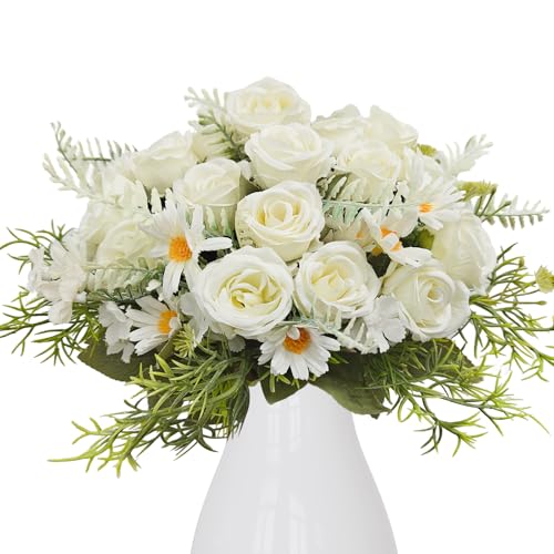 LIIGOU 4PCS Klein Rosen Künstliche Blumen wie Echt Kunstblumen Rose Blumenstrauß Fake Pflanzen Deko Gänseblümchen Dekoblumen für Hochzeit Draußen Balkon Partei Tischaufsätze Blumenarrangement von LIIGOU