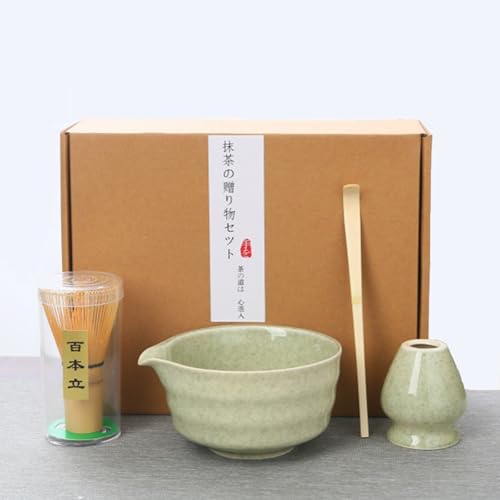 LIIGOU 4er Set Matcha Tee Japanisches Matcha Whisk Set Matcha Ceremonial Grade Kit mit Matcha Besen, Matcha Schale, Besenhalter Aus Keramik, Matcha Löffel für Die Matcha-Teezeremonie (Grün) von LIIGOU