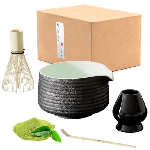 LIIGOU 4er Set Matcha Tee Japanisches Matcha Whisk Set Matcha Ceremonial Grade Kit mit Matcha Besen, Matcha Schale, Besenhalter Aus Keramik, Matcha Löffel für Die Matcha-Teezeremonie (Schwarz) von LIIGOU