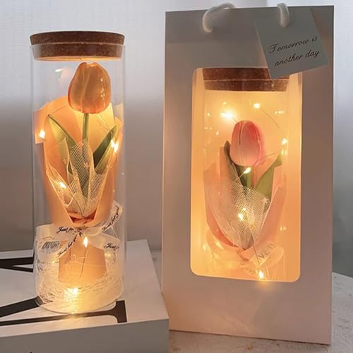 LIIGOU Mini Tulpen Künstlich Blumen wie Echt Kunstblumen Ewige Tulpen im Glas LED Lichterkette Fake Blumen Muttertagsgeschenk Geschenke für Frauen Heimdekoration von LIIGOU