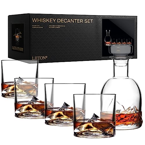 LIITON Whisky Gläser Everest 5-teilig aus Kristallglas, Tumblergläser mit Whiskey Dekanter, Geschenke für Männer für Cocktails, Gin, Bourbon, Rum, Trinkgläser Geschenkset von LIITON