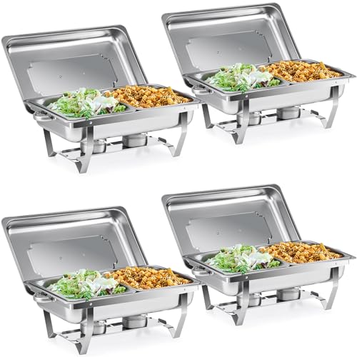 Chafing Dish Buffet-Set, 4er-Pack, 8 Qt Chafers für die Gastronomie, mit 8 halbgroßen Lebensmittelpfannen, Brennstoffhaltern, 4 Deckeln, faltbaren Rahmen, Edelstahl-Speisewärmer von LIJBDDM