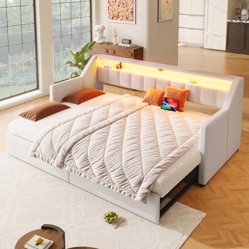 Daybett, Tagesbett, Schlafsofa,90 x 200cm, Mit USB und Type-C, LED-Leiste mit Fernbedienung,Stauraumtaschen, Multifunktionales Ausziehbett, Ohne Matratze (Beige + Linen + 90cm*200cm) von LIJBDDM