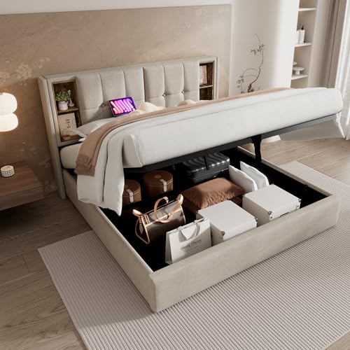 Einzelbett mit Kabellosem Laden USB C, Polsterbett Bettgestell,Bettgestell mit Stauraum Lattenrost aus Holz-Natürlich Leinen (Ohne Matratze (Natural + Linen + 160cm*200cm) von LIJBDDM