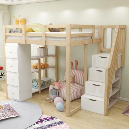 Hochbett 140*200cm mit Aufbewahrungsschublade Kommode mit Regalen, Sicherheits-Kletterleiter mit Aufbewahrungsschubladen, Multifunktionales Massivholzbett (Natural+White + Wood + 140cm*200cm) von LIJBDDM