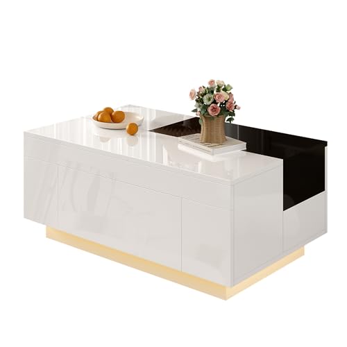 Hochglanz-Couchtisch mit LED-Beleuchtung, ausziehbarer schwarz-weißer Tischplatte, verstecktem Stauraum und 16-farbig einstellbarem Lichtband (Black + White + MDF) von LIJBDDM