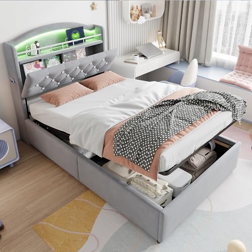 Kinder Polsterbett 90x200, Samt Einzelbett Multifunktionsbett mit Stauraum mit LED und USB (Gray + Fabric + 90cm*200cm) von LIJBDDM