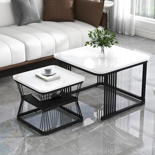 LIJBDDM 2er-Set Moderne Beistelltische, MDF in Marmoroptik, Stahlrohr weiß hochglänzend schwarz, 2 Tische mit den Maßen 65x65x45 cm und 45x45x39,5 cm LIJBDDM 2er-Set Moderne Beistelltische, MDF in Marmoroptik, Stahlrohr weiß hochglänzend schwarz, 2 Tische mit den Maßen 65x65x45 cm und 45x45x39,5 cm von LIJBDDM