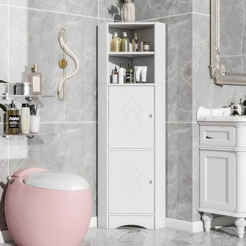 LIJBDDM Badschrank, Badmöbel, Eckschrank mit Zwei Ablagefächern, offenes Fach mit verstellbarem Einlegeboden, 36.5X 36.5 x 155 cm (White + Particle Board) von LIJBDDM