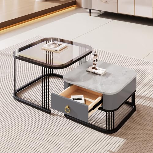 LIJBDDM Beistelltisch，Stapelbarer Couchtisch: hochglänzende Marmoroptik und Glasplatte, Schwarze Beine, Beistelltisch mit Schubladen im 2er-Set (Black + MDF) von LIJBDDM