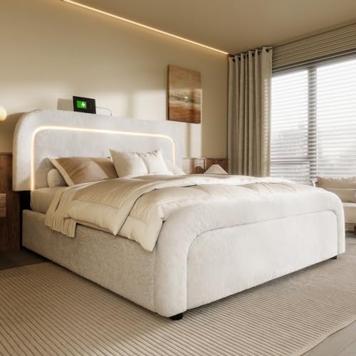LIJBDDM Bettgestell mit USB Typ C Ladefunktion LED-Beleuchtung und 2 Schubladen, Einzelbett Polsterbett, Höhenverstellbarem Kopfteil, Lattenrost aus Holz(Ohne Matratze) (White + Sherpa + 160cm*200cm) von LIJBDDM