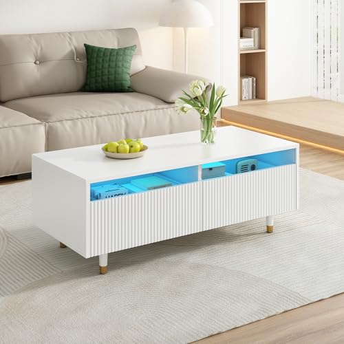 LIJBDDM Dieser Moderne LED-Couchtisch verfügt über eine gewellte Schubladenplatte, Gold-weiße Beine, Zwei Schubladen und einen farbwechselnden LED-Lichtstreifen (White + MDF) von LIJBDDM