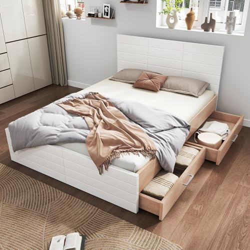 LIJBDDM Doppelbett Holzbett Bettanlage mit 2 Schubladen,Modernes Bett inkl. Bettgestell &Lattenrost Set in Eiche/Weiß(Ohne Matratze) (White + Light Oak + Solid Wood+MDF + 180cm*200cm) von LIJBDDM