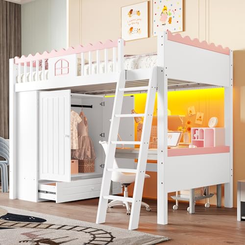 LIJBDDM Hochbett, Einzelbett(Ohne Matratze), Kinderbett, mit LED-Leuchten, mit Kleiderschrank, mit Ablageschublade, Kiefernholz, 90x200cm, Weiß von LIJBDDM
