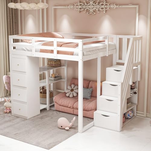 LIJBDDM Hochbett 140 * 200cm mit Aufbewahrungsschublade Kommode mit Regalen, Sicherheits-Kletterleiter mit Aufbewahrungsschubladen, Multifunktionales Massivholzbett (White + Wood + 140cm*200cm) von LIJBDDM
