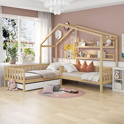 LIJBDDM Kinderbett Hausbett mit Schubladen und Regalen, Massivholz mit Zaun und Lattenrost, L-Struktur (90x200 cm+140x70cm) (Natural + Solid Wood + 90cm*200cm) von LIJBDDM