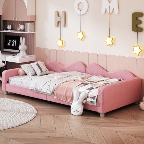 LIJBDDM Kinderbett Polsterbett 90 * 200cm, Schlafsofa Bettgestell Teddystoff Multifunktionales weiches Bett mit Rückenlehne und Armlehnen Jugendbett Gästebett rosa (Pink + Upholstered) von LIJBDDM