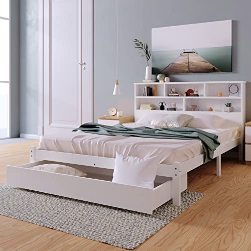 LIJBDDM Massivholz Doppelbett mit Schubladen und Lattenrost, Bücherregal Jugendliche und Erwachsene Kinderbett, Weiß (White + Solid Wood + 140cm*200cm) von LIJBDDM