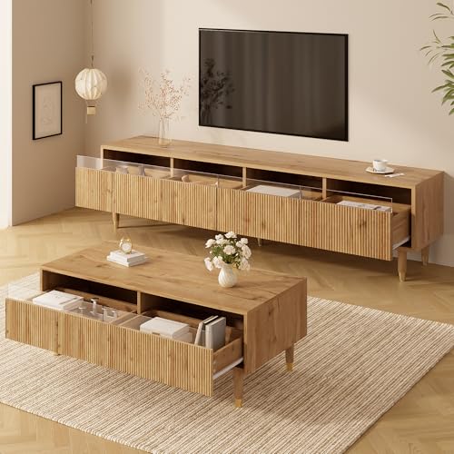 LIJBDDM Modernes LED-Möbelset: TV-Schrank mit 4 Türen & Couchtisch mit 2 Schubladen –LED-Beleuchtung, Wellenstruktur & Acrylfront für stilvolles Wohnen (Wood + MDF) von LIJBDDM
