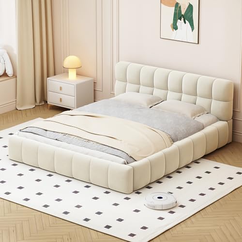 LIJBDDM Polsterbett, Jugendbett, Doppelbett mit weicher Rückenlehne, Flachbett mit Polsterumrandung, Lattenrost Leinen (Matratze Nicht im Lieferumfang enthalten) (Beige + Upholstered+140 x 190 cm) von LIJBDDM