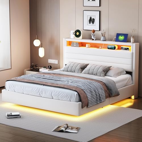 LIJBDDM Polsterbett 140x200 cm, Hydraulisches Schwebender Bettrahmen mit Stauraum, Multifunktionales Polsterbett mit USB-Steckdose und LED-Licht, Wendekopfteil (Beige + Upholstered + 140cm*200cm) von LIJBDDM