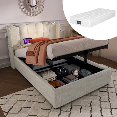 LIJBDDM Polsterbett Einzelbett Leselicht mit Ladefunktion Kopfteil Stauraum Bettgestell Leinenmaterial Jugendbett 90x200 mit lattenrost(Mit Matratze) (Beige + Linen) von LIJBDDM