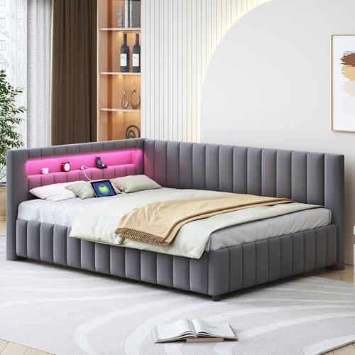 LIJBDDM Polsterbett Schlafsofa 140x200, Gepolstertes aus Samtstoff mit LED-Licht und USB-Ladeanschluss, mit Rückenlehne, Kopfteil und stabilem Bettrahmen (Dark Gray + Upholstered + 140cm*200cm) von LIJBDDM