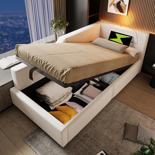 LIJBDDM Polsterbett Tagesbett Daybett 90x200cm, Schlafsofa mit hydraulischem Stauraum, Leselichtfunktion und USB-C-Ladefunktion, Samt (Beige + Velvet + 90cm*200cm) von LIJBDDM