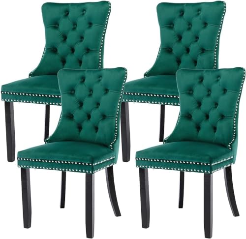 LIJBDDM Samt-Esszimmerstühle, gepolstert, hochwertig, getuftet, Esszimmerstühle mit Nagelkopf-Ring, Zugbesatz, Massivholzbeine, 4 Stück (Farbe: Grün) von LIJBDDM