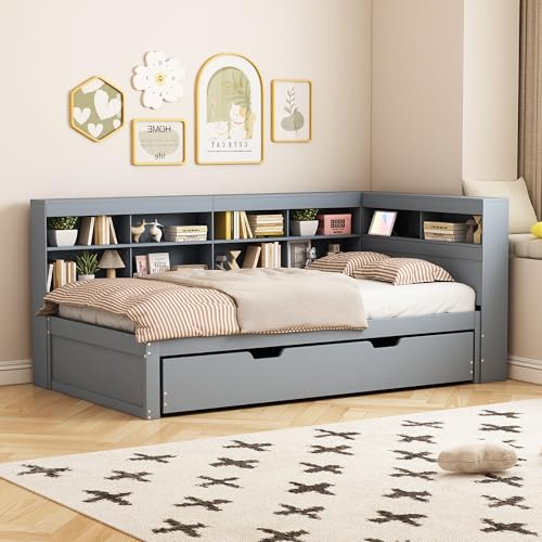 LIJBDDM Schlafsofa 90 * 200, Ausziehbares Bett 90 * 190 mit USB-Steckdose und Mehreren Ablagefächern, Massivholzbett, Einzelbett, Holz-Multifunktionsbett (Gray + Wood + 90cm*200cm) von LIJBDDM