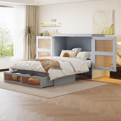 LIJBDDM Schrankbett 140 x 200 cm, Wandbett mit Lattenrost, Wandklappbett, vertikales schrankbett mit Lattenrost, mit Stauraumschubladen, Rattan-Design (Gray + Wood) von LIJBDDM