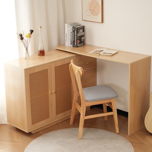 LIJBDDM Schreibtisch, L-förmiger Ecktisch, Computertisch mit Rattantüren, Frisiertisch, weiß 126 cm von LIJBDDM